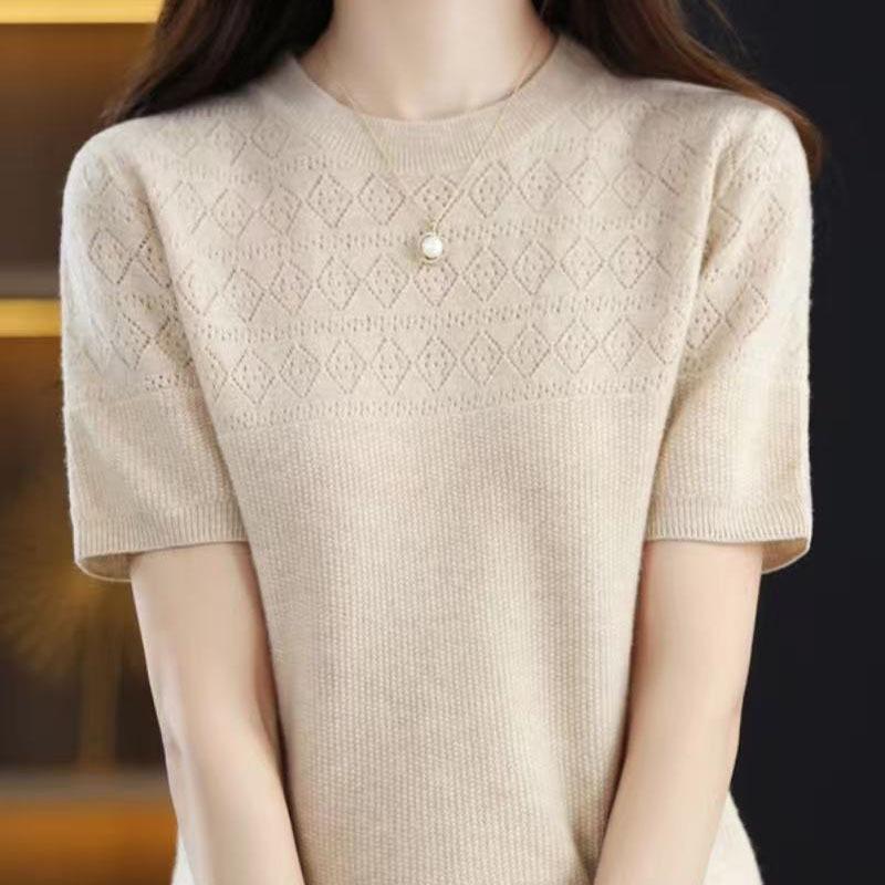 High-Quality Ice Silk Knitwear Summer Hollow Out T-Shirt - Round Neck, Loose Fit, Thin, Stylish, and Versatile.