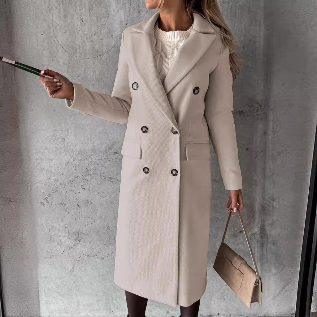 Women's Spring 2025 Versatile Woolen Double-Breasted Long Sleeve Coat with Welt Pockets