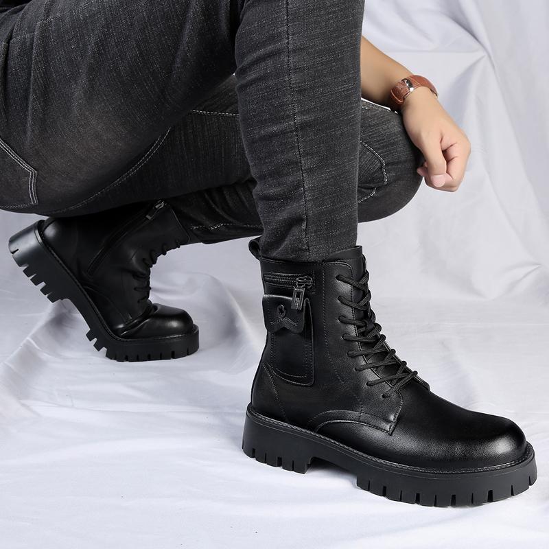 2024 Fashion New Leather Motorized Boots for Men Winter Boots Men  British Style Short Ankle Casual Men Hiking Thick Soled Boots