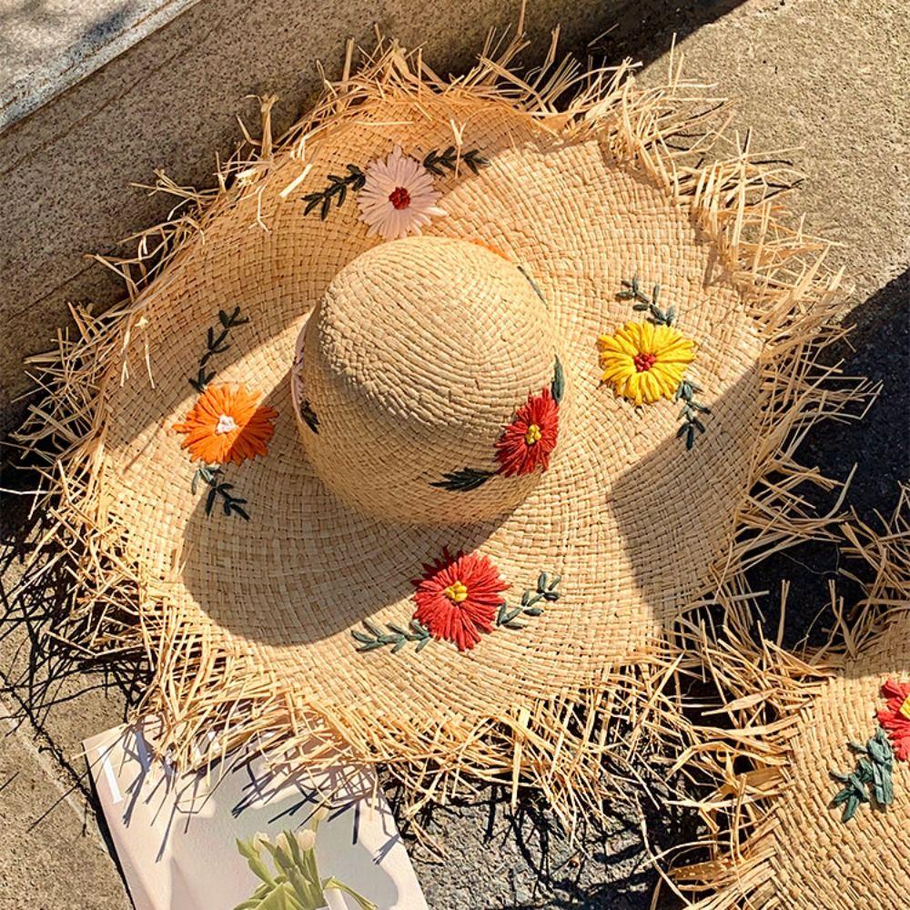 Casual Boho Lafite Grass Hat Wide Brim Foldable Weave Hat Breathable Korean Style Embroidered Flower Straw Hat Outdoor