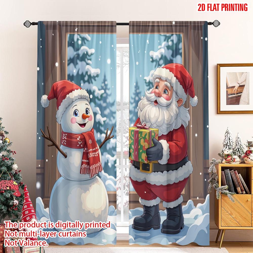 

Flat Printing Christmas Drapes Santa Claus Snowman Winter Fabric Without Electricity Birthday Party New Curtains Set Of 2 Made Polyester W100*H70(CM)-Hooks&2PCS