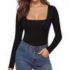 WTEMPO Womens Sexy Long Sleeve Shirts Square Neck Tops Dressy Casual Low Cut Fitted Bodysuits