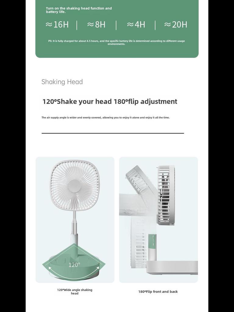 M1Y hordozható teleszkópos összecsukható ventilátor távirányítóval, USB töltéssel, csendes működéssel, fejrázással és időzítő funkcióval.