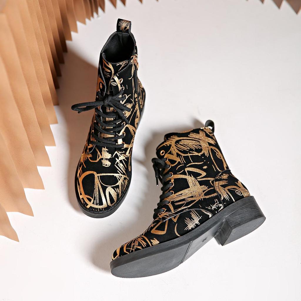 Jesień Zima Damskie Botki PU z Nadrukiem Plus Size Wygodne Ciepłe z Okrągłym Noskiem na Grubej Podeszwie Buty Martin 35-43