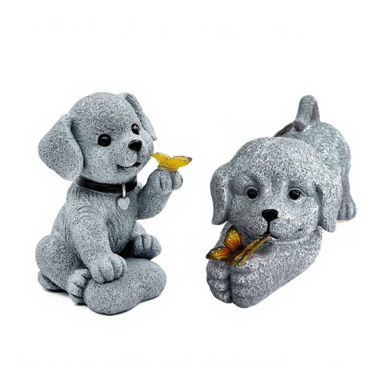 Garden Dog Statue with Solar Butterfly Light Small Resin Puppy Sculpture Outdoor Waterproof Solar Powered Animal Figurine for Yard Patio Lawn