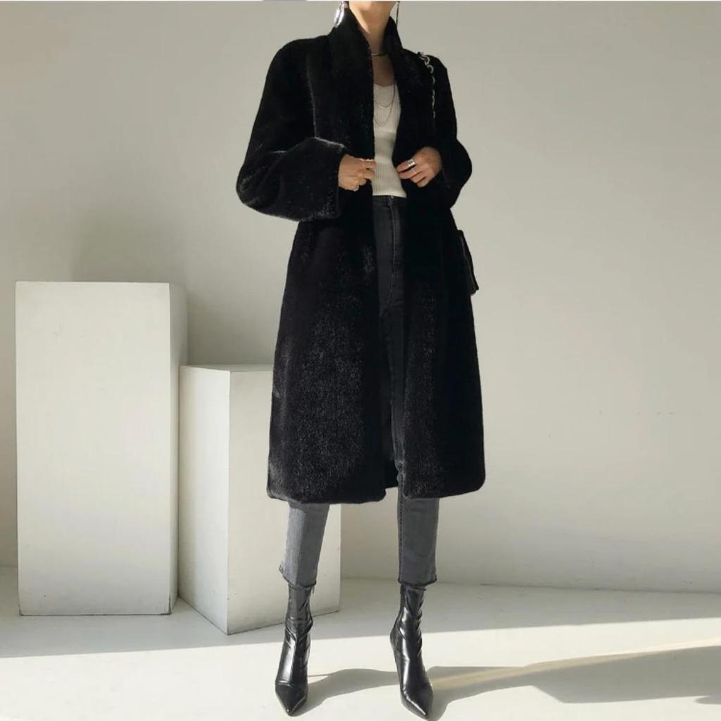 Winter Lang Schwarz Luxuriös Elegant Stilvoll Dick Warm Flauschig Zottelig Weich Faux Nerz Pelzmantel Damen Stehkragen Schärpen