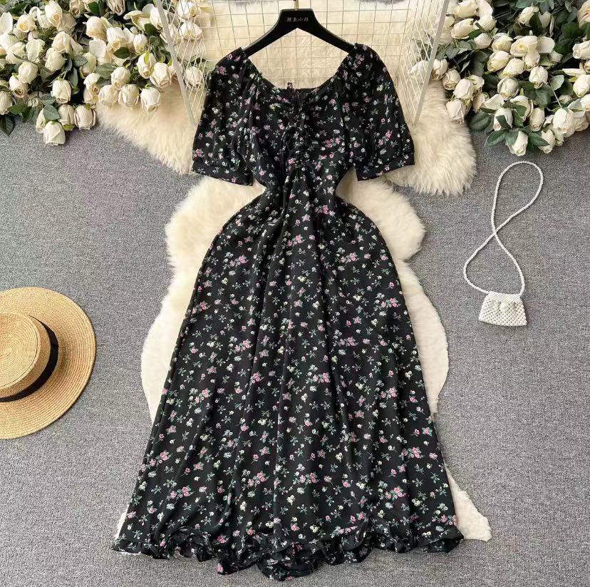 Summer Women Floral Midi Dress Beach Vacation V-Neck Short Sleeve High Waist A-Line Party Vestidos Female Dresses