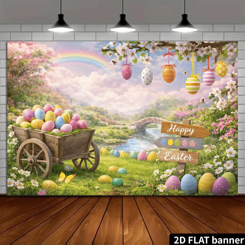 2D Spring Easter Wagon and Flowers Background Cloth Photo Booth Prop