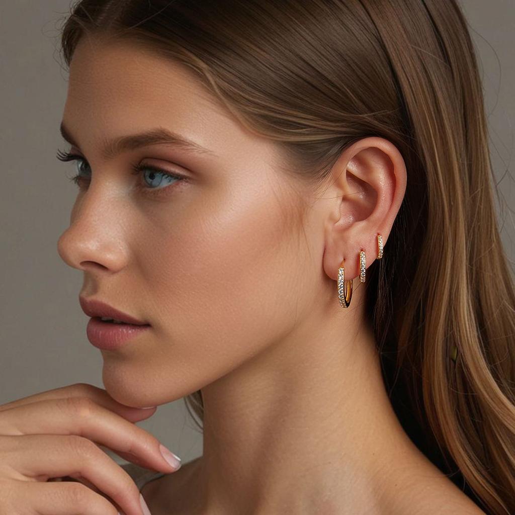 Gold-plated Classic Hoop Earrings with Crystals and Silver Clasps, Size L