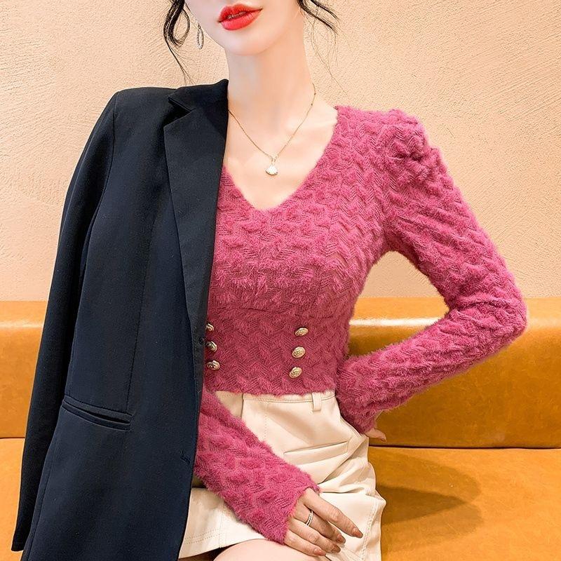 

Женский топ с французскими рукавами-фонариками, кружевом и V-образным вырезом, облегающий покрой, с длинными рукавами - Осенняя коллекция XL (115-125 kg) розы красного