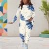 Women Plus Size White Blue Printed Round Neck Long Sleeve Top Fitted Pants Two Piece Set