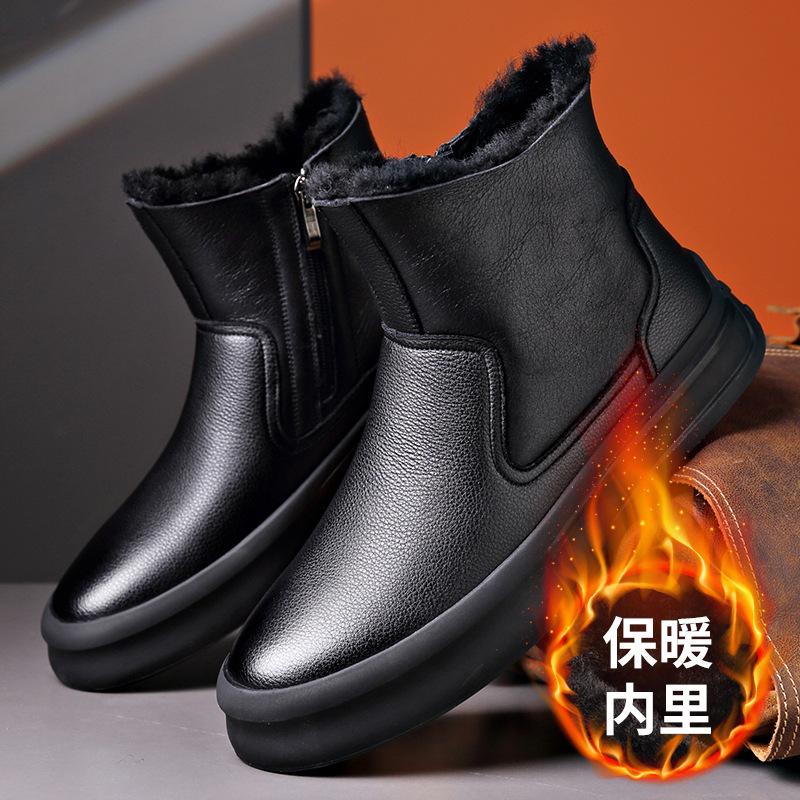 Fashion Black Wool Snow Boots for Men Winter Genuine Leather Warm Cotton Shoes Male  Fashion Casual New Designer Ankle Boots Men