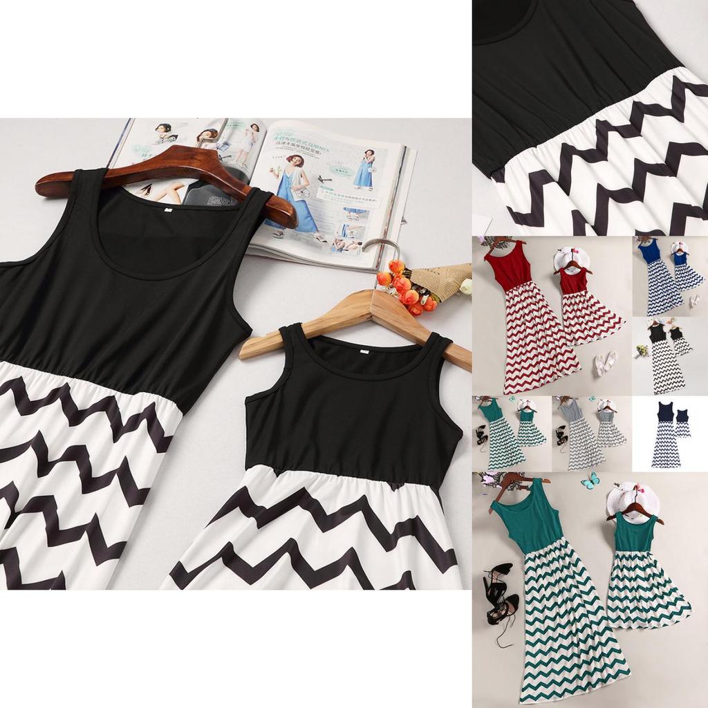 Stylish Mother And Daughter Fashion Casual Boho Stripe Maxi Matching Dress Outfits