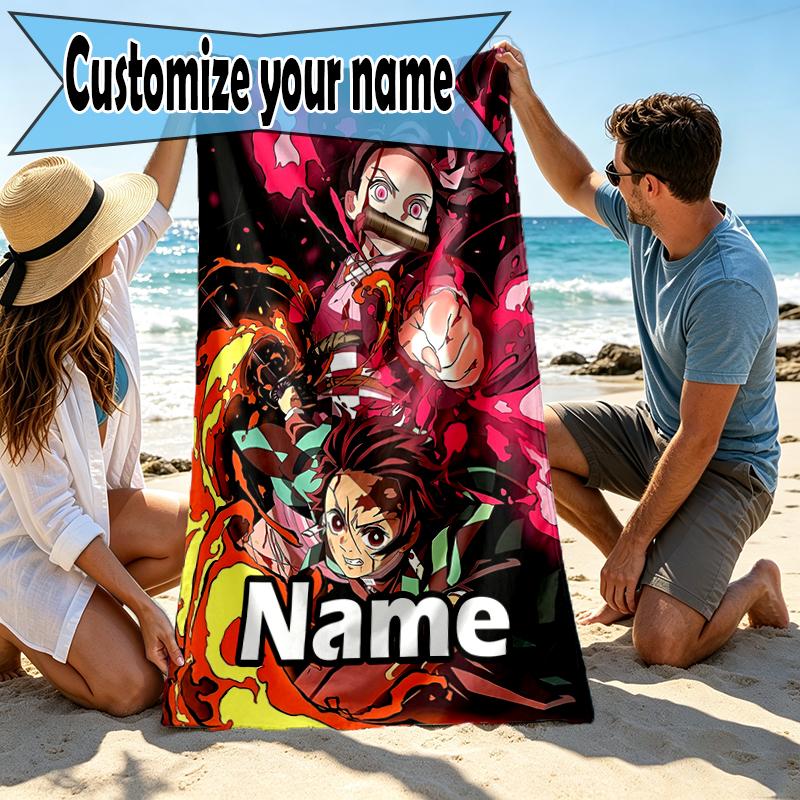 Custom Name Personalized Demon Slayer Print Beach Towel, for Trip Camping Beach Party Home Decor, Birthday Gift for Family & Friends