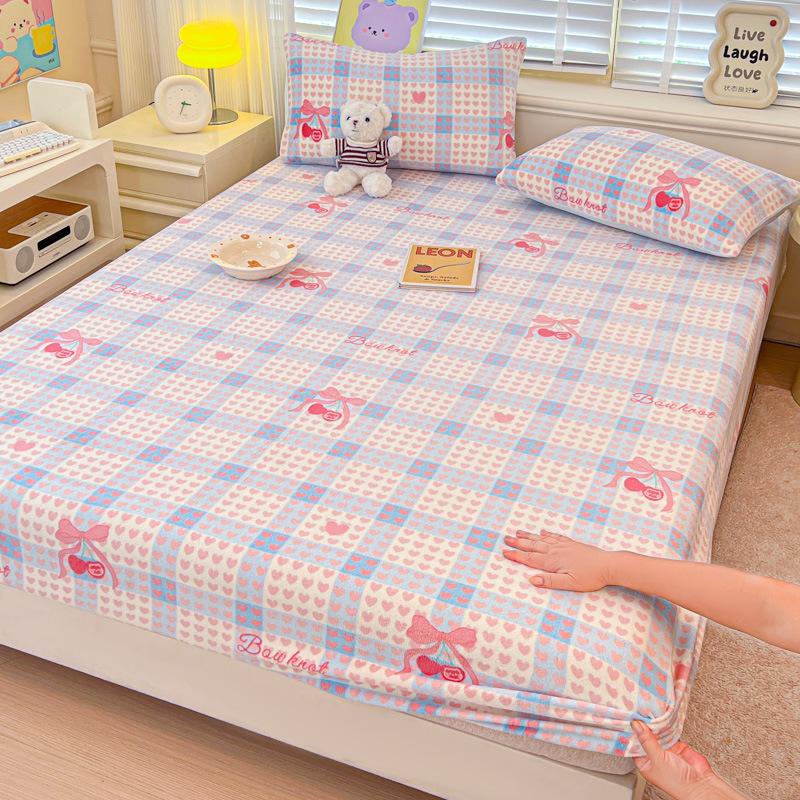 Winter Milk Velvet Printed Single Fitted Sheet, New Thickened and Velvet Mattress Protector, All-inclusive Bed Sheet 90 * 200cm Fleece Single Sheet