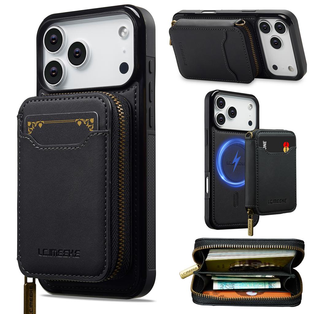 Custodia in Pelle 2 in 1 Staccabile Magnetica con Cerniera e Porta Carte per iPhone 17 Pro Max 16 Plus 15 14 13 12 Per Copertura Borsa Magsafe