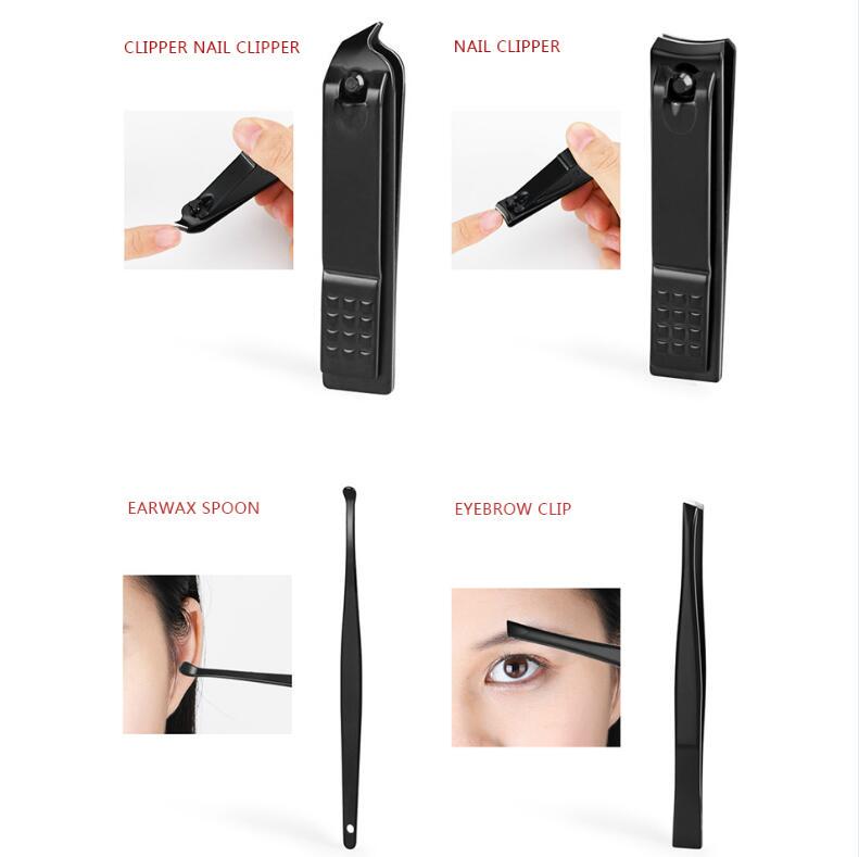 7pcs Nail Clippers Set Portable Stainless Steel Black Pedicure Scissor Tweezer Manicure Nail Tools