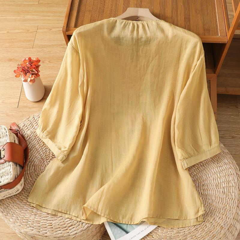 Chinese Style Women's Blouses Embroidered Vintage Shirts Loose Summer Clothing Short Sleeved Cotton Linen Women Tops