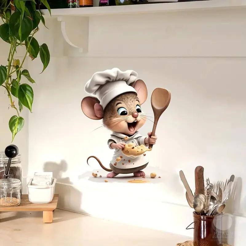 

2 шт. 3D наклейки на стену «Мышь-повар» - Веселый и креативный декор для гостиной, спальни, кухни, ванной комнаты и лестницы
