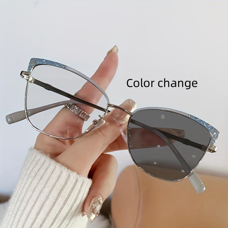 1Pcs Fashionable New Cat Eye Frame Women'S Trendy Metal European And American Flat Mirror Color Changing Anti Blue Light Glasses