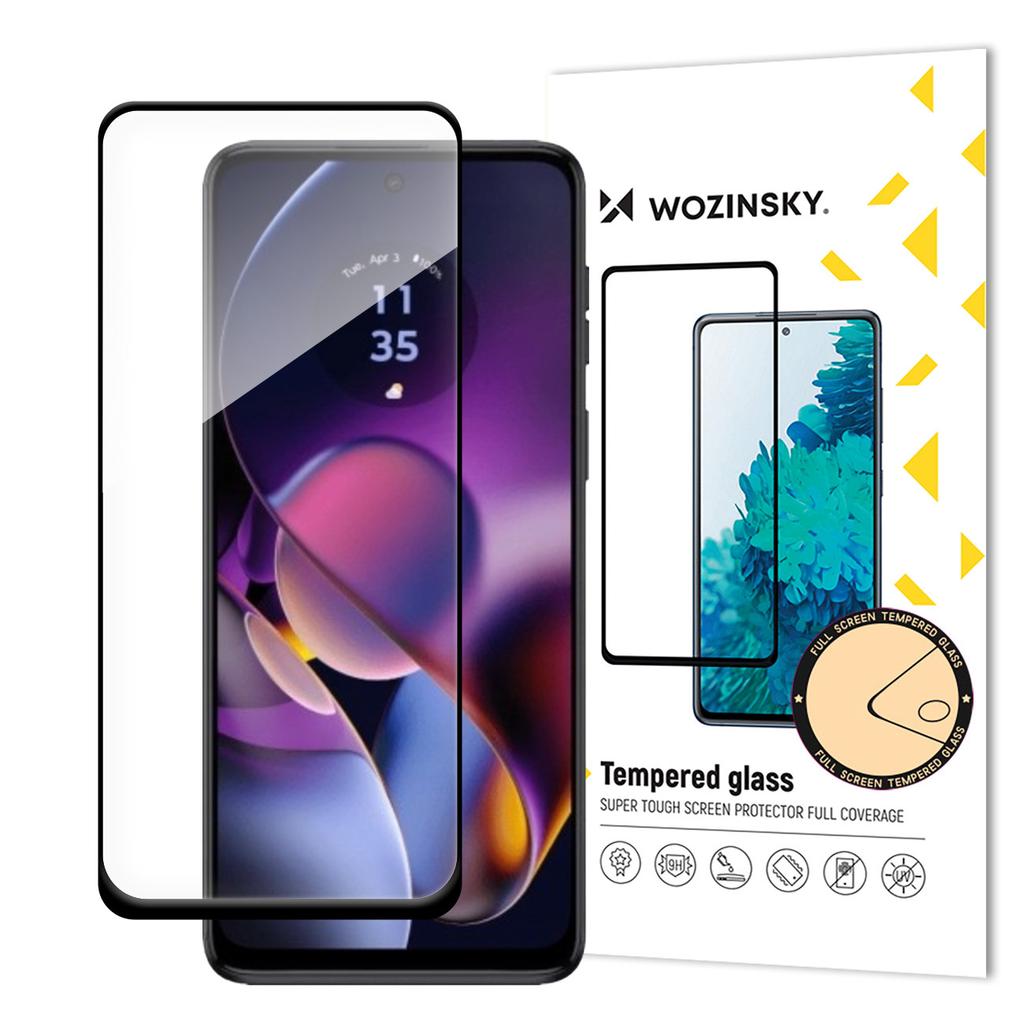 Wozinsky 9H Tempered Glass Screen Protector with Full Adhesive Coverage for Motorola Moto G54 - Durable Black Frame