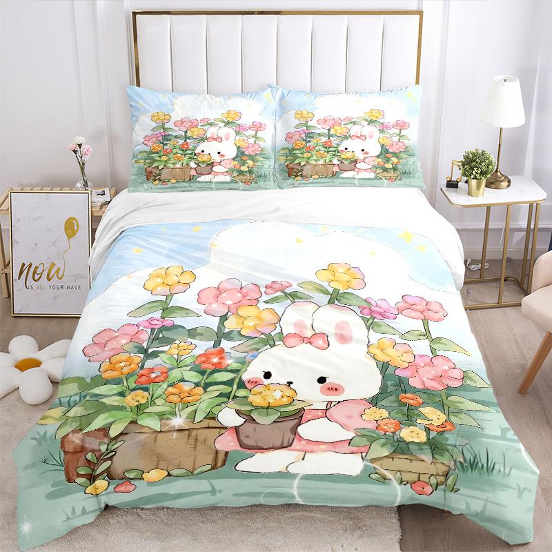 3pcs Bunny in the Garden Printed Quilt Set - Includes 1 Quilt Cover and 2 Pillowcases, Machine Washable - Suitable for All Seasons.M020