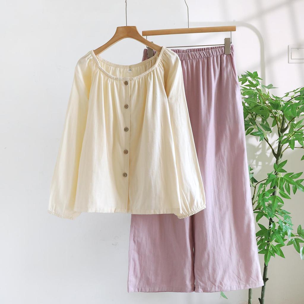 Women's Pure Cotton Gauze Pajama Set - Spring/Summer, Long Sleeve, Nine-Point Pants, Loose Fit, Japanese Style, Solid Color.