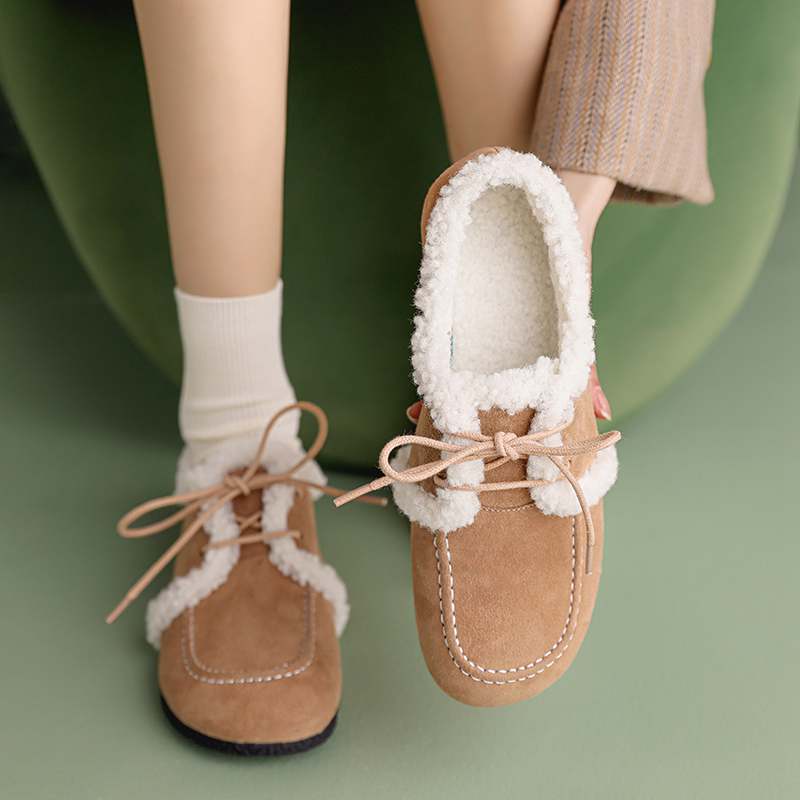 Krazing Pot Suede Fur Spring Autumn Winter Flats Lace Up Women Keep Warm Casual Shoes