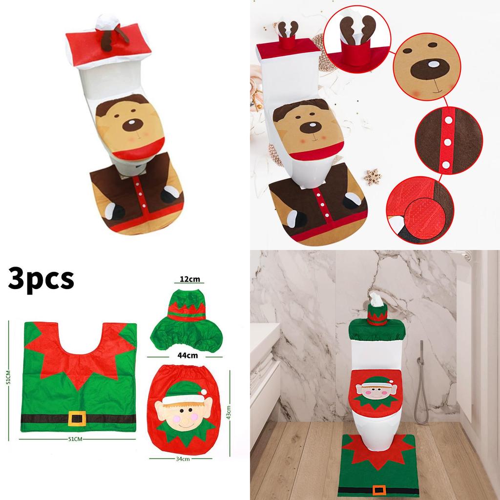 Christmas Elf Toilet Cover Set With Reindeer Santa Fabric For Holiday Decor
