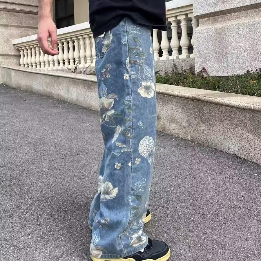 Printed Painted Jeans Men's New Popular Pants Spring and Autumn Wide-leg Pants Thin Straight Pants