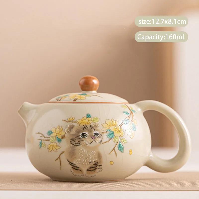 160ml Chinese Tradition Ru Kiln Ceramic Teapot Cute Cat Pattern Handmade Xishi Tea Pot Kettle Travel Portable Tea Set Teaware