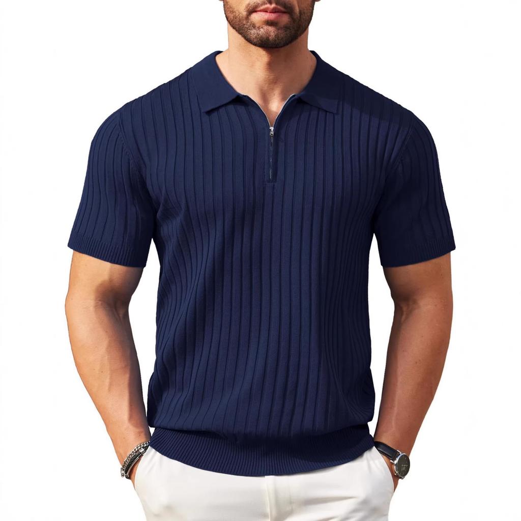 Men Short Sleeve Polo Shirt Knitted Ribbed Zip Collar Casual Modern Fit Lightweight Pullover Top for Everyday Wear