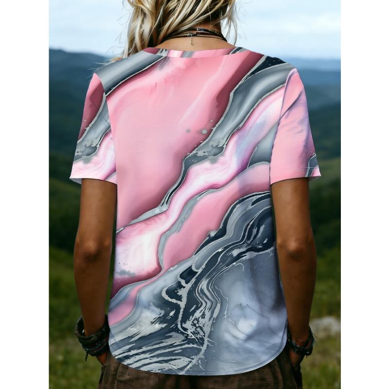 Large size women's 2026 new 3D printed V-neck short sleeved T-shirt, comfortable, loose and versatile casual top