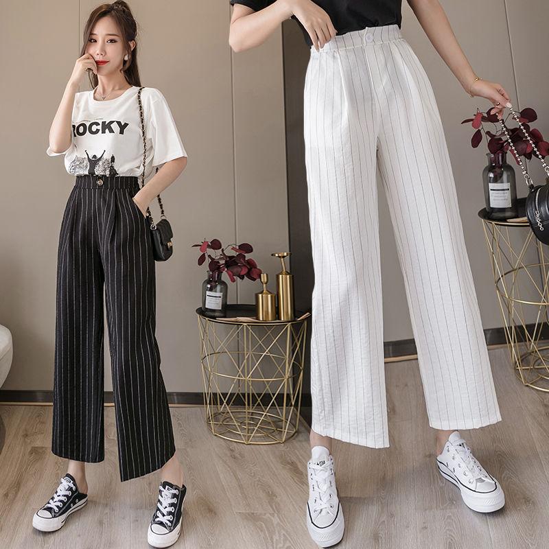 Summer Thin Wide Leg Pants Women's High Waist Nine-Tenths Straight Pants Spring Autumn Loose Stripe Trousers Blazer Pants