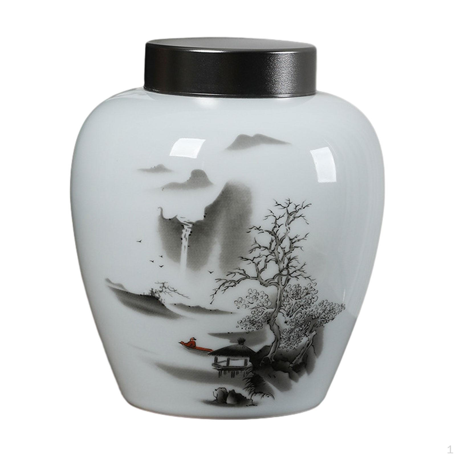 Ceramic Ginger Jar Porcelain Tea Canister Decorative Flower Vase for Home Mountain Water