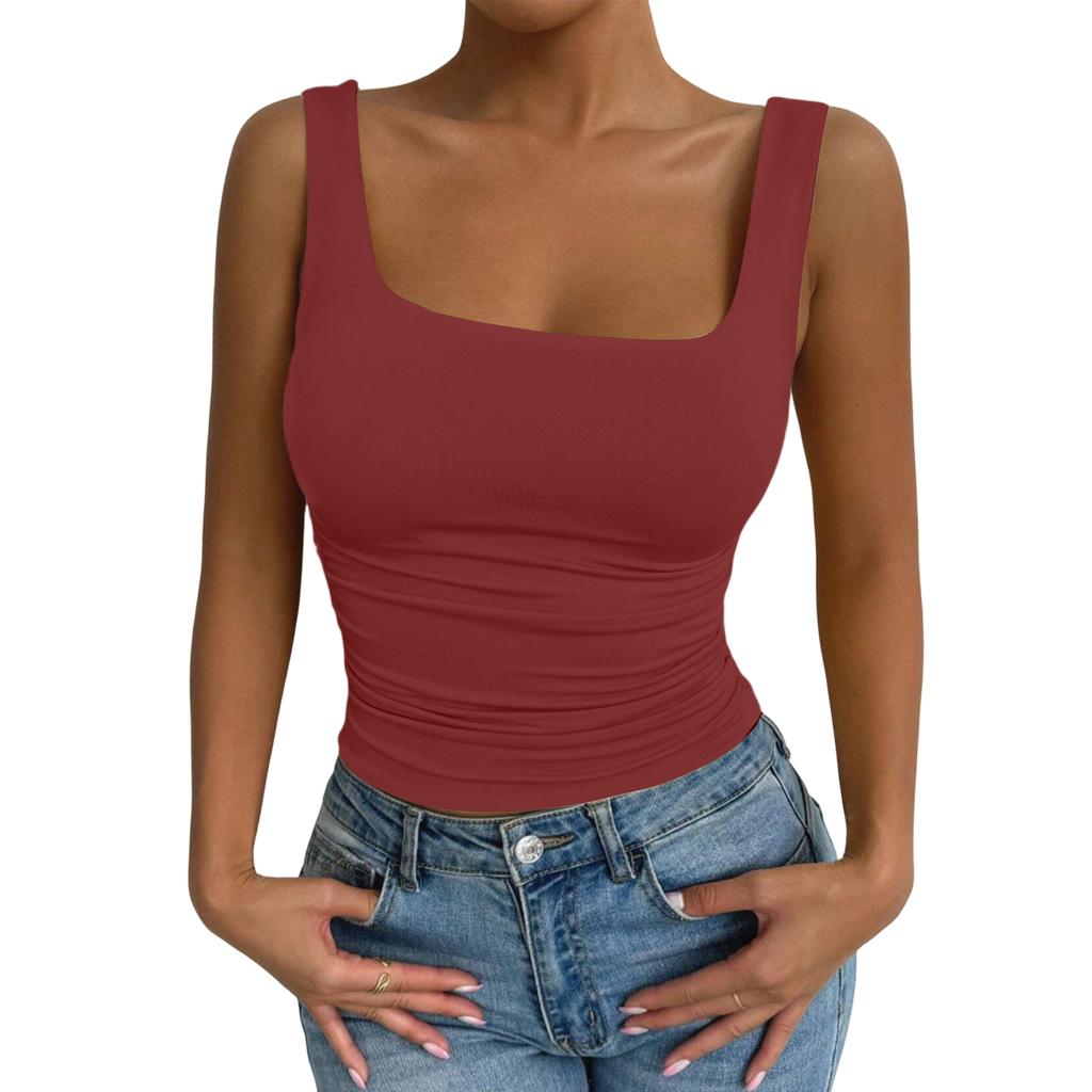 Women Sleeveless Tank Top Square Neck Casual Slim Fit Stretchy Ribbed Knit Summer Basic Layering Camisole Shirt