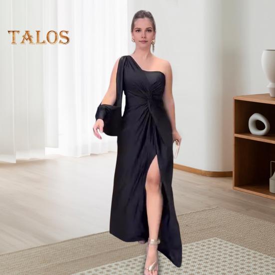 Lady Evening Dress One Shoulder Single Open Sleeve Split Hem Solid Color Slim Waist Pleated Knot Decor Solid Color Prom Cocktail Party Maxi Dress