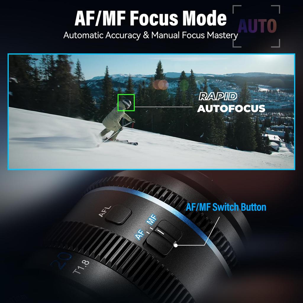 SIRUI 20mm Anamorphic S35 Autofocus Lens with for Blue Flare T1.8 1.33X Lens, (Compatible E-Mount) A6500/A6700/FX3/30/ZV-E Series/A7 Series/A9/9II -