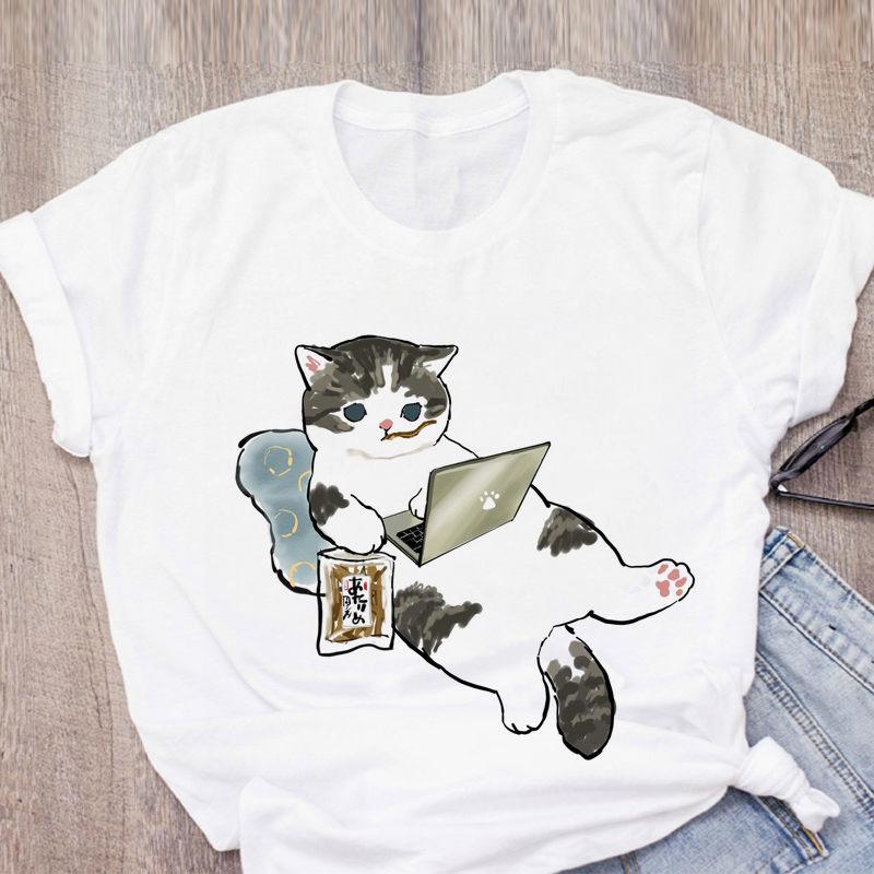 Dámské tričko Cute Cat Funny Cartoon Tričko Harajuku Graphic Ulzzang Tričko 90. léta Tisk Tričko Módní Estetický Top Tričko Žena