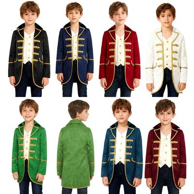Boys Medieval Victorian Costume Long Sleeves Gold Trimming Fake Two Piece Jacket Steampunk Gothic Coat