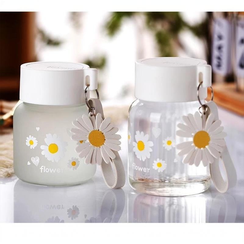 Frosted Glass Water Bottle Adorable Cute Print Lightweight Portable Carry Strap 500ml for Girls School Outdoor Use