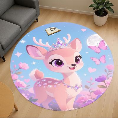 1PC Deer Princess Flowers Round Chair Mat Area Rug - Non-Slip, Floor Mat for Office, Bedroom, Home Decor Christmas Gift C0528003