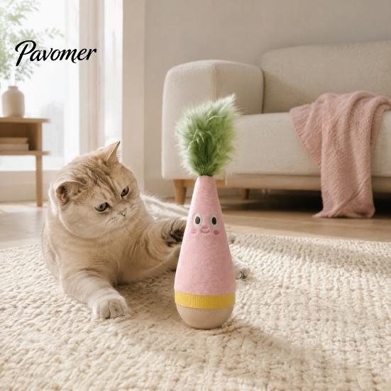 Interactive Exercise Toy for Kittens Wooden Wobble Cat Toy, Self-Righting Tumbler with Feather Indoor Cats, Plush Stable Pets Punching Bag Solid Wood