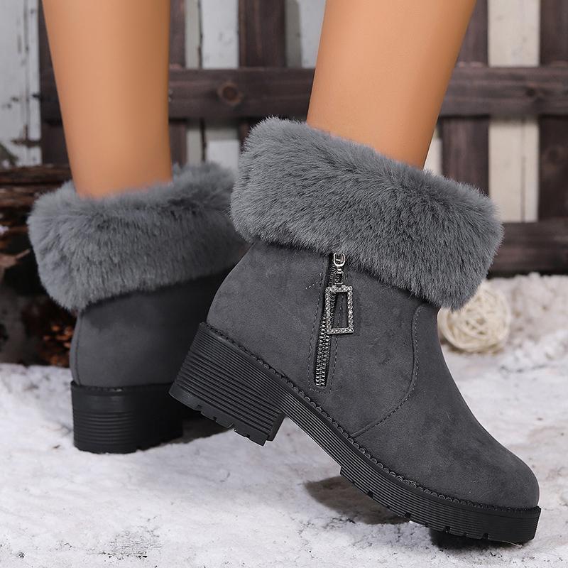 Winter Faux Fur Thick Heels Ankle Boots Women Faux Suede Short Plush Warm Snow Boots Woman Zipper Plush Winter Botas Mujer