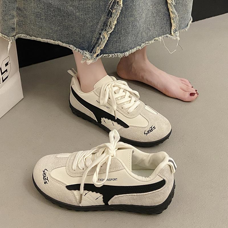 2025 Summer Thick-soled Inner Height-increasing Moral Training Shoes Women's White Splicing Retro Racing Shoes Breathable Casual Sports Board Shoes