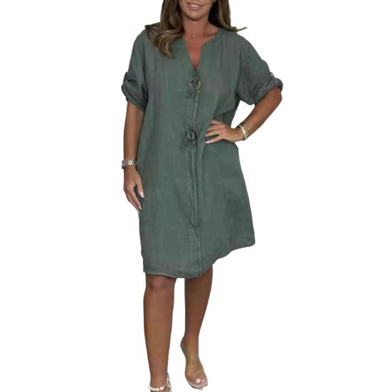 Autumn Women Dress V Neck Quarter Sleeves Size Loose Plus Threee Knee Length Retro Daily Wear Office Casual