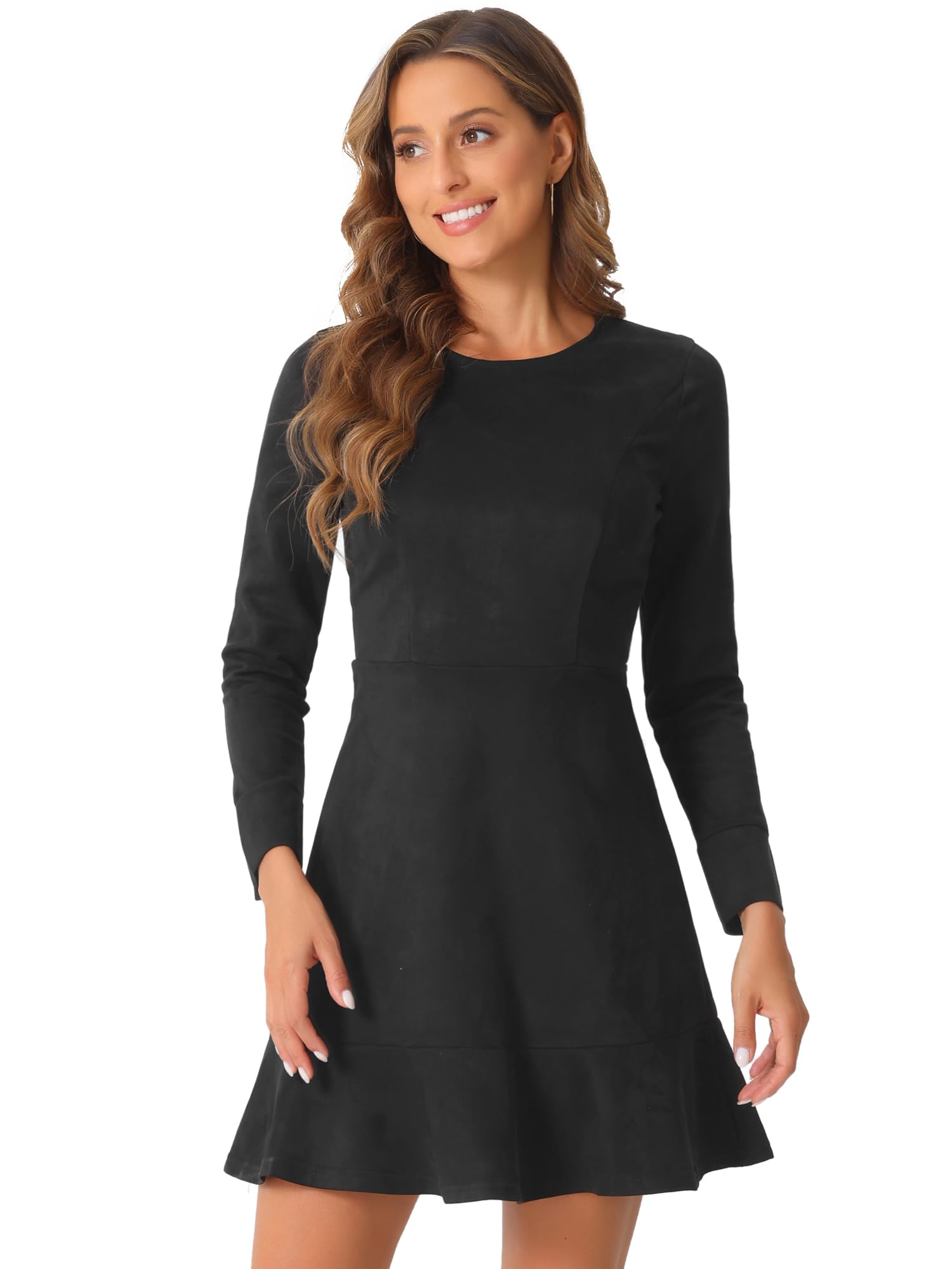 

Allegra K Women s Christmas Mini Dress with Ruffle Hem, Long Sleeves, Casual Faux Suede, Crew Neck, Black, Size M