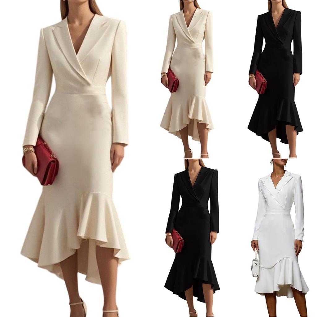 Damen Modische Eleganz Einfarbig Langärmlig Anzugkragen Taillenbetonend Slim-Fit Bodycon Meerjungfrauenkleid