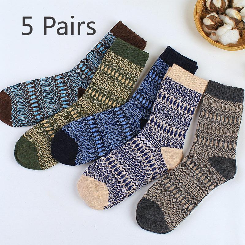 

5 пар мужских толстых и теплых двухсторонних носков из кроличьей шерсти в этническом стиле для осени и зимы, маленькие овальные 5 pairs