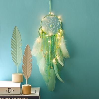 Acchiappasogni fatto a mano con piume verdi Luce notturna per auto Decorazione da appendere alla parete Decorazioni per la casa Lighti